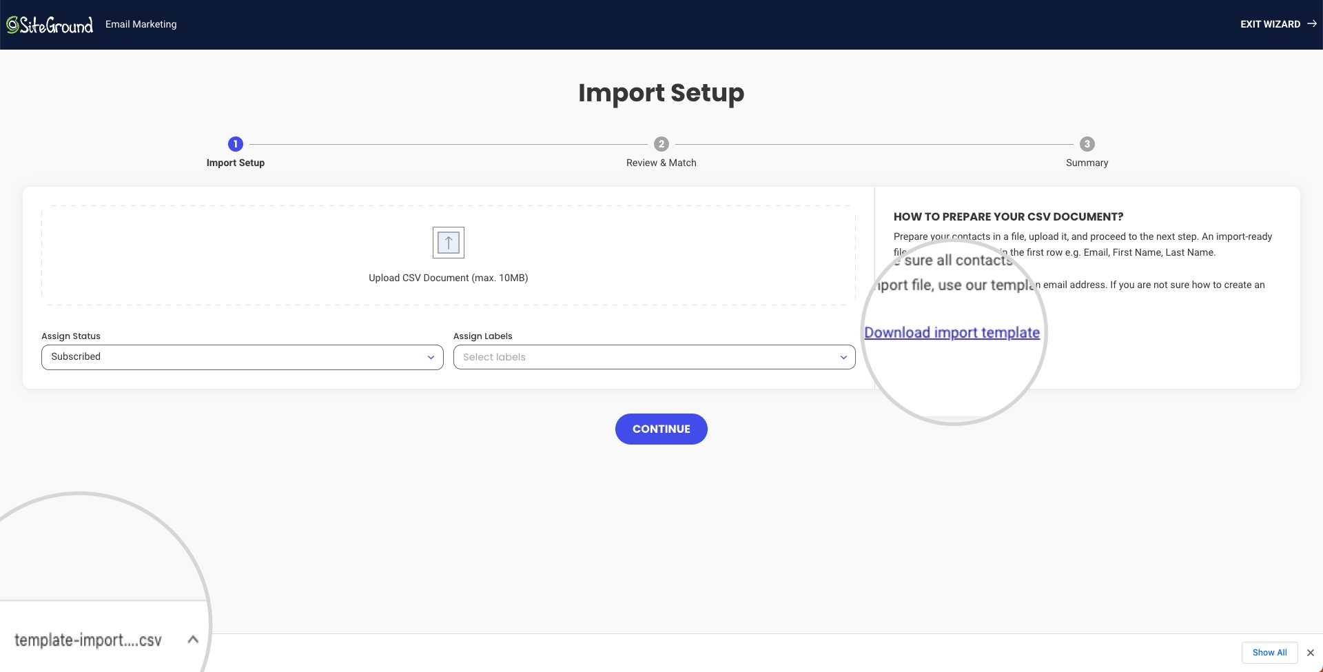 How to download a CSV file with a template for importing contacts 