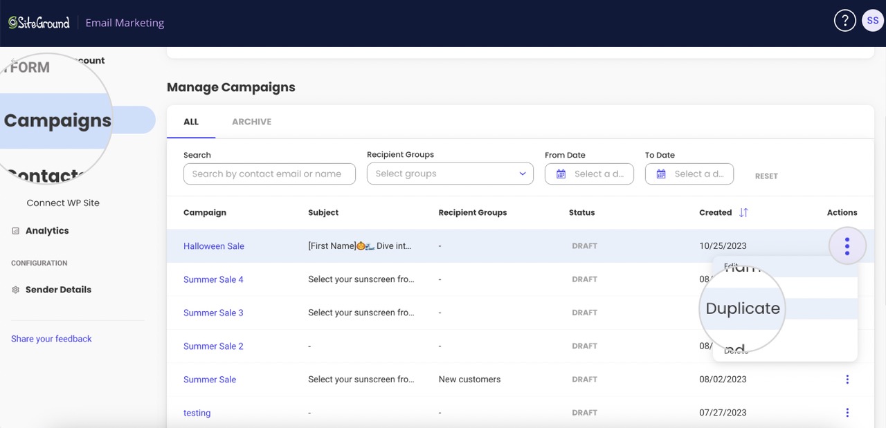 Screenshot of the Duplicate option in the Campaigns section of SiteGround Email Marketing
