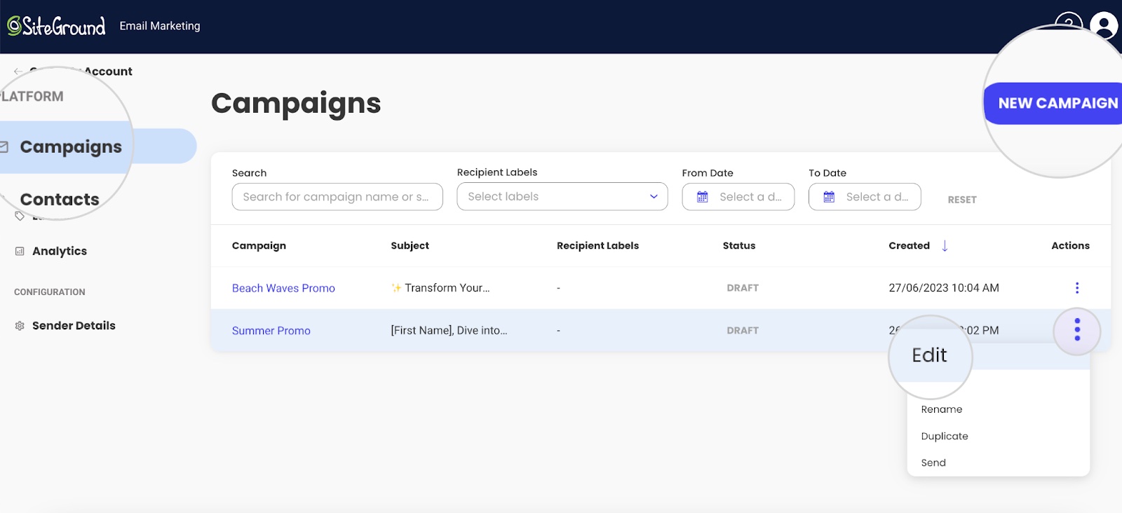 How to create a new campaign or edit an existing one in SiteGround Email Marketing