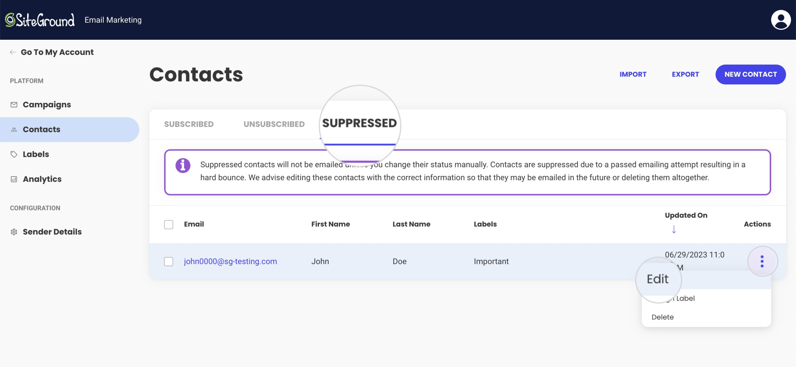 Edit a suppressed contact to change its status