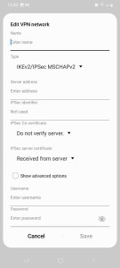 Screenshot of the Edit VPN network settings on Android