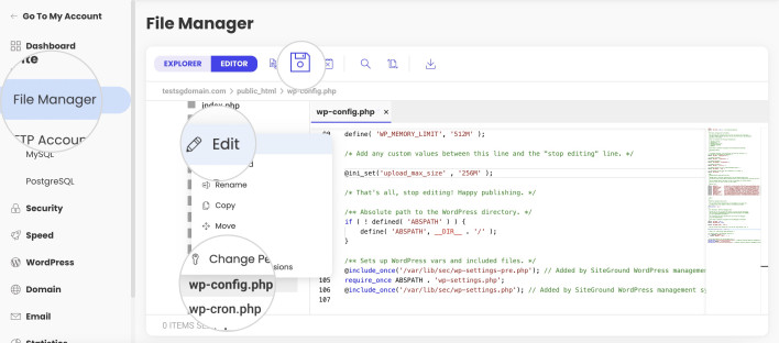 Screenshot showing how to edit the wp-config.php via File Manager