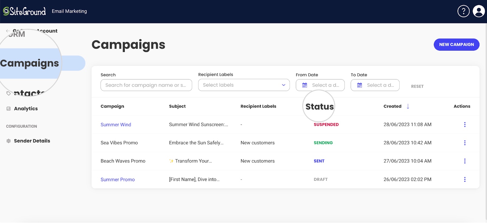Screenshot of the Campaign Statuses in SiteGround Email Marketing