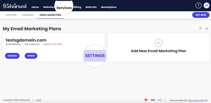 Screenshot showing the Settings option in Services Email Marketing