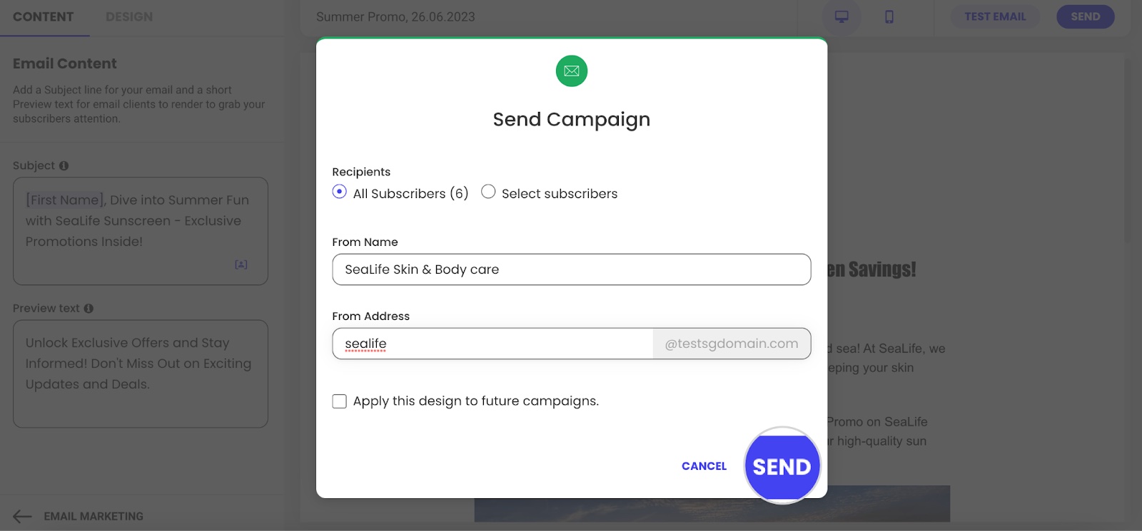 Screenshot of How to fill in the email details when sending a campaign in Email Marketing