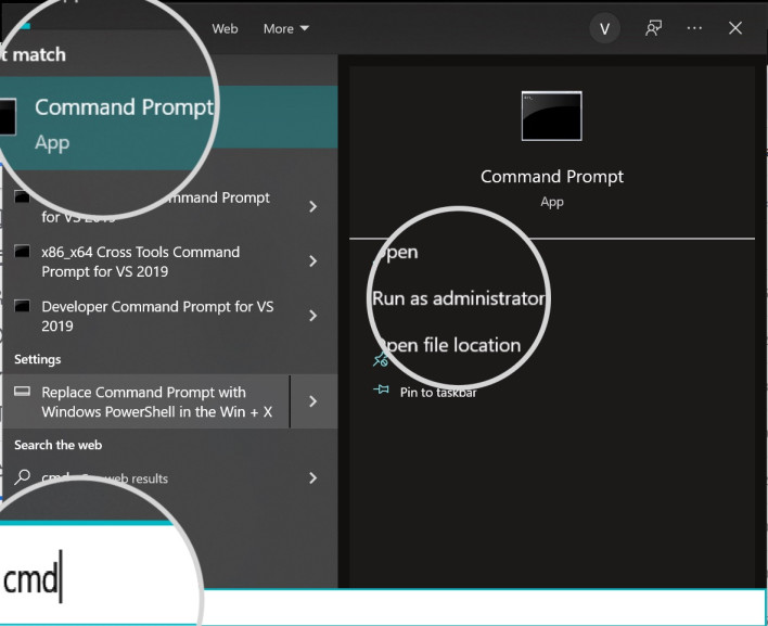 Screenshot showing how to launch Command Prompt in Windows as an administrator