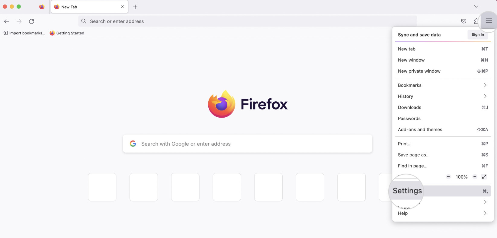 How to open Settings menu on Mozilla Firefox