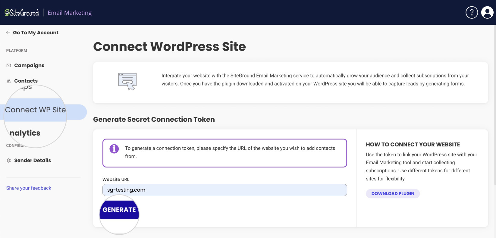 How to generate a connection token to connect the Email Marketing plugin with SiteGround Email Marketing