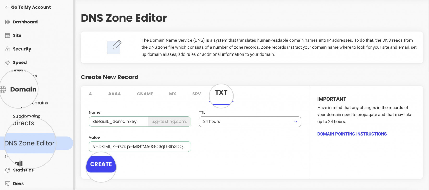 Screenshot from Site Tools in the Domain section, in DNS Zone Editor tab on how to create a new DKIM record