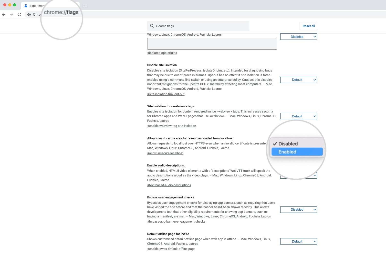 Use the Chrome flag "Allow invalid certificates for resources loaded from localhost" to ignore the privacy warning