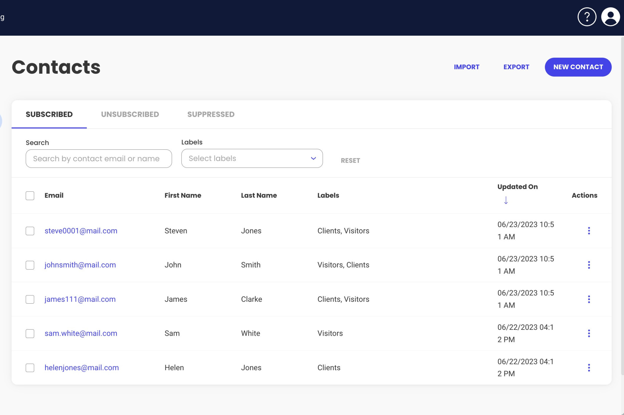 How imported contacts appear in Contacts section in Email Marketing