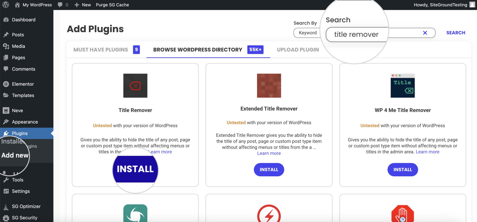 Screenshot showing how to install the Title Remover plugin in WordPress