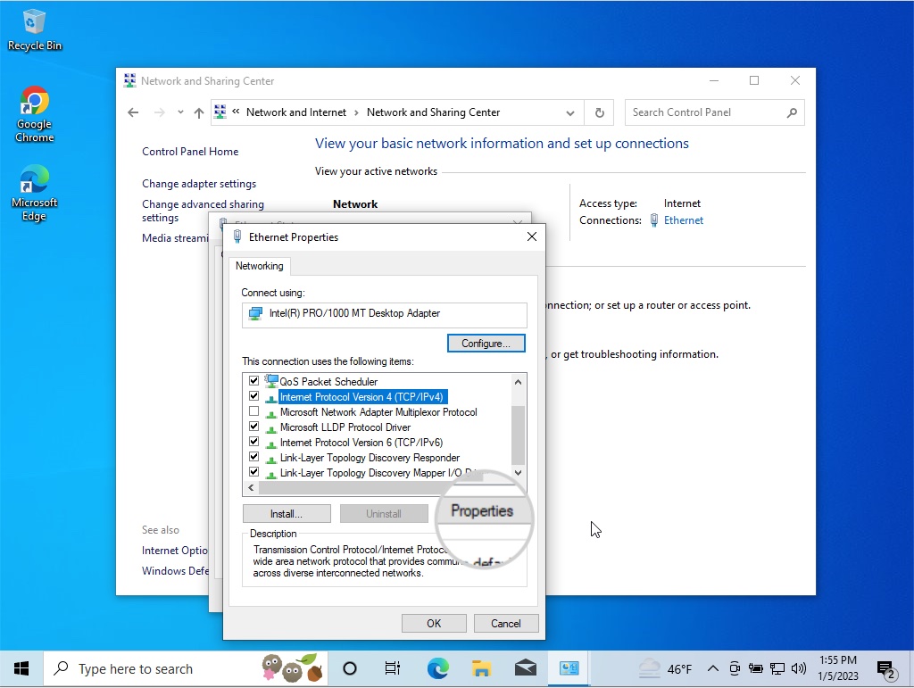 Open the Internet Protocol 4 properties to change the DNS servers