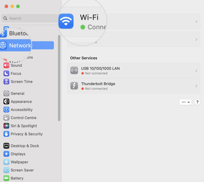 Screenshot displaying how to reach the Wi-Fi settings on Mac