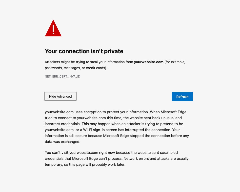 How NET::ERR_CERT_AUTHORITY_INVALID error looks in Microsoft Edge