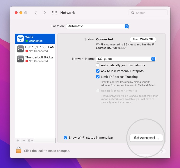 Open the Advanced Network settings on Mac to change DNS servers