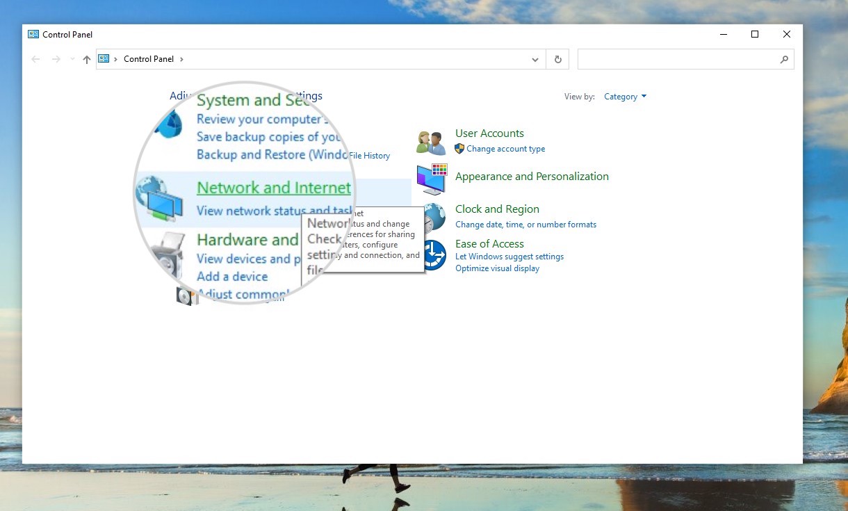 Open Network and Internet section on Windows