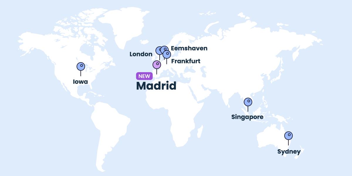 map of the world with new Data center in Madrid, Spain