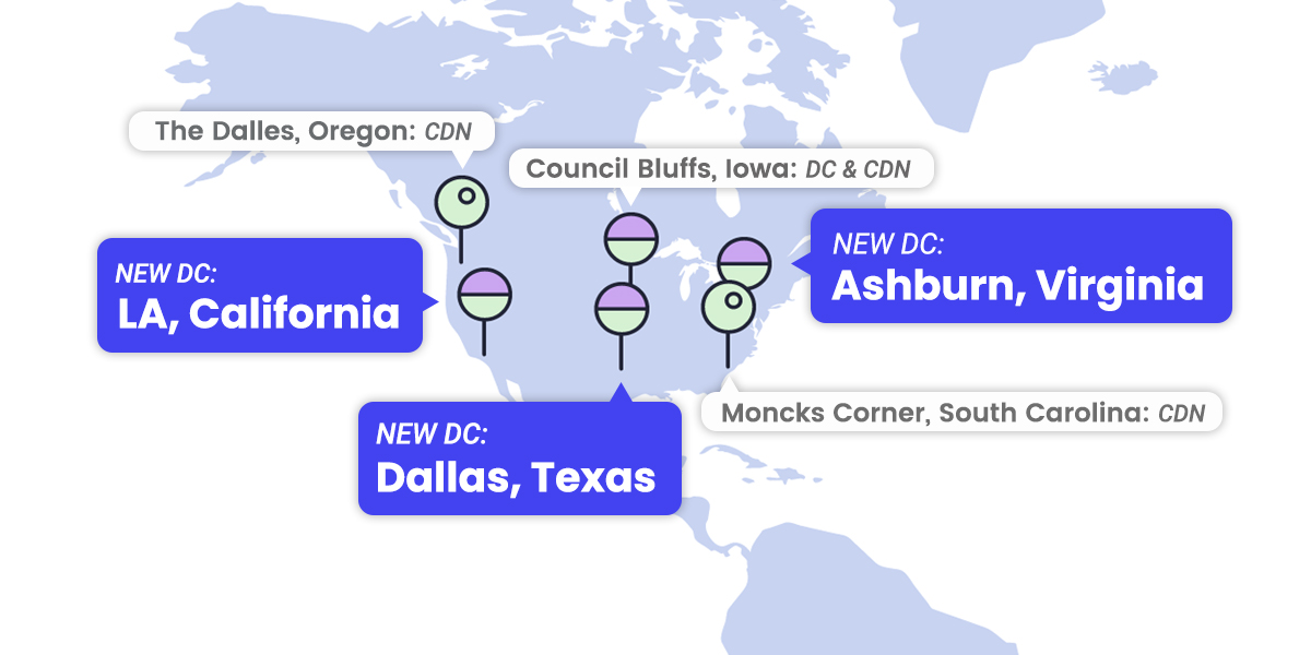 map of the USA with pins where SiteGround has data centers