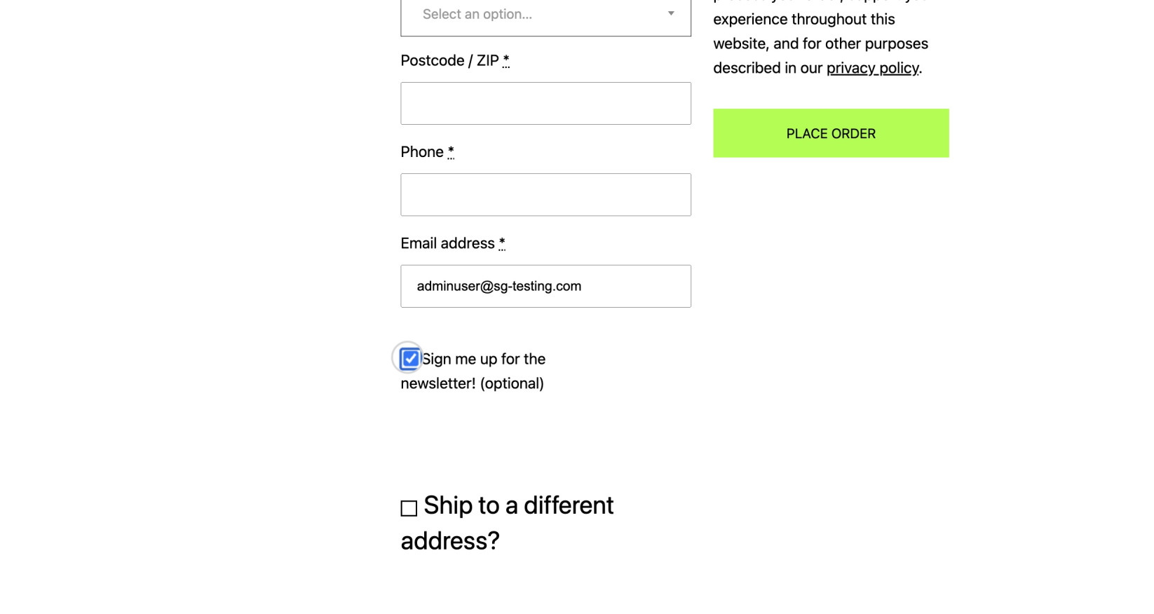 A newsletter sign-up checkbox on a checkout page in a WordPress website