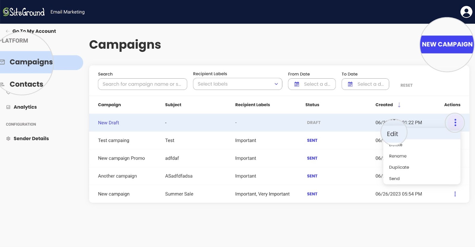 Screenshot of the Campaign Editor in SiteGround Email Marketing