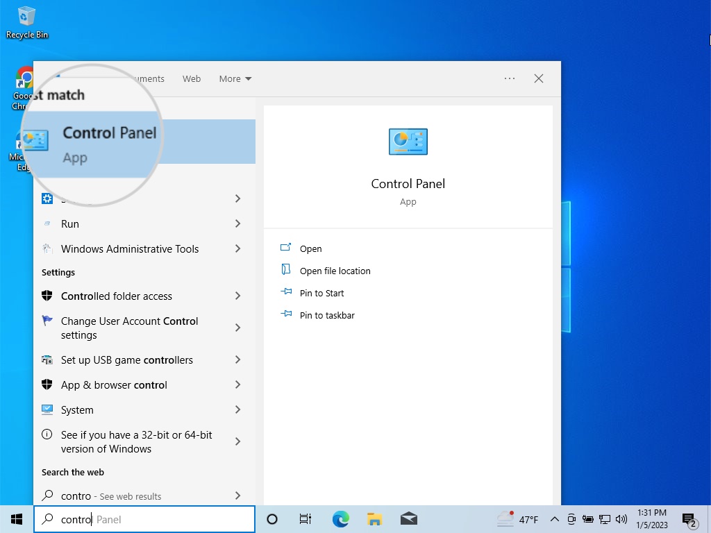 Open Control Panel in Windows to disable IPv6