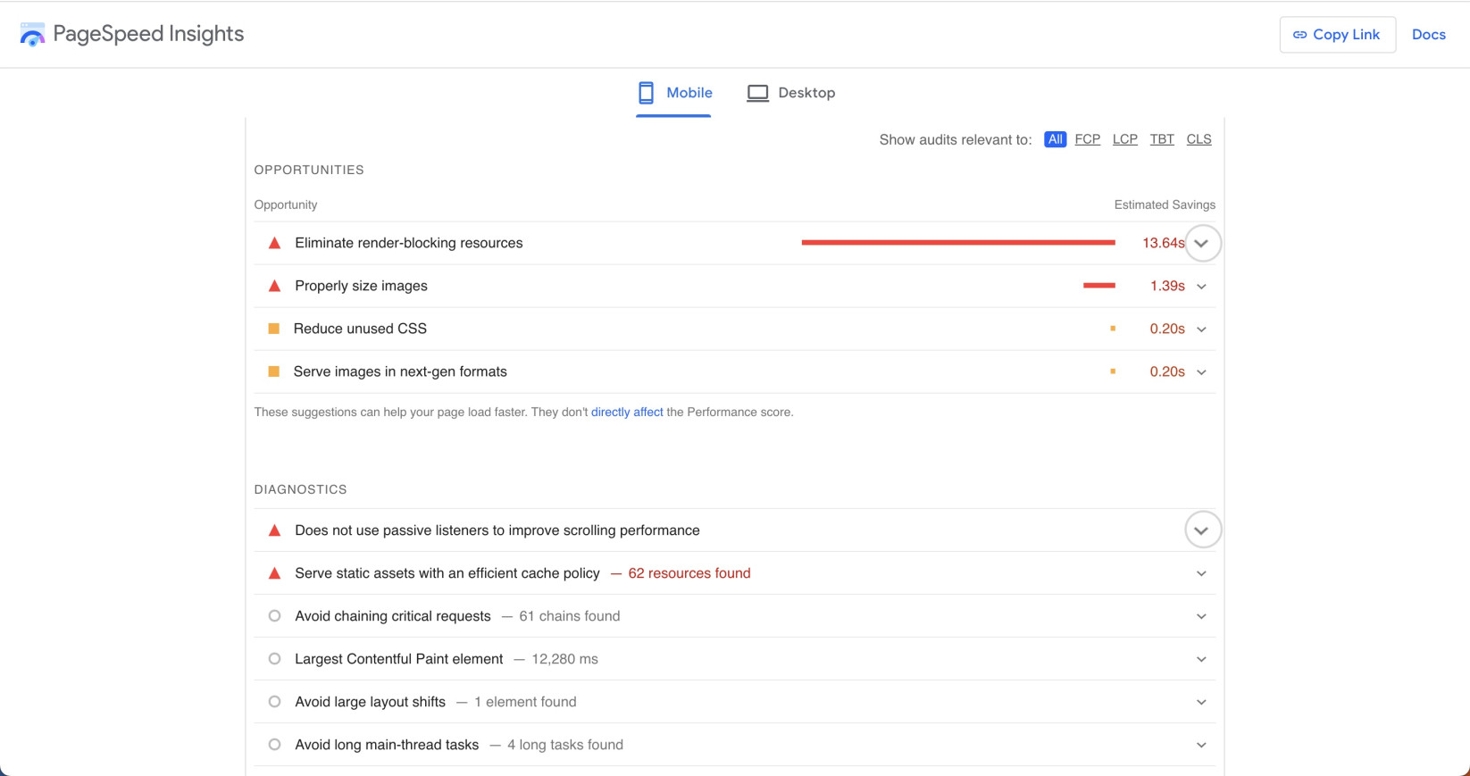 Opportunities and Diagnostics sections in Google PageSpeed Insights