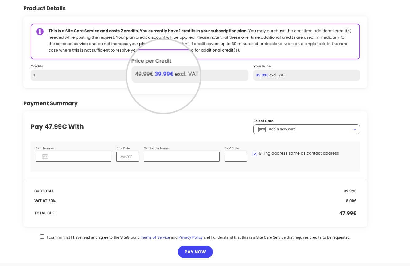 One-time purchase of additional credits for a Site Care service