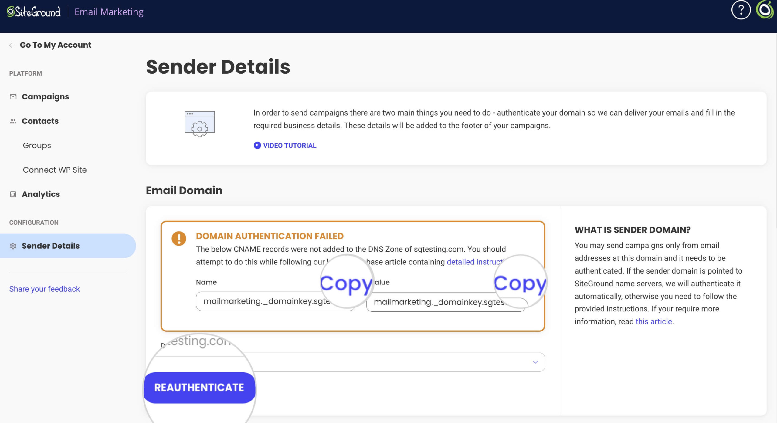 Screenshot showing the Reauthenticate button when a domain authentication has failed