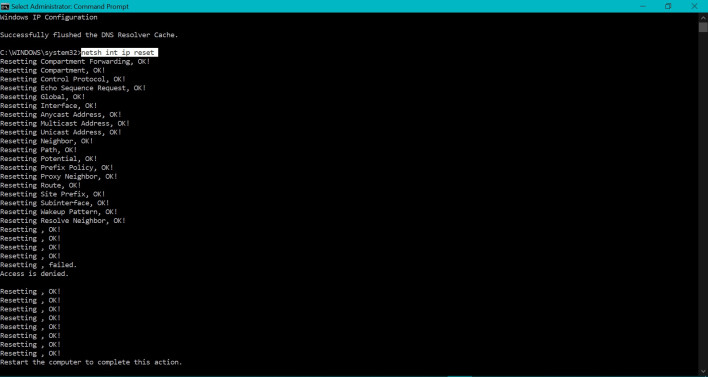 Screenshot showing the output of the reset DNS settings command in Windows Cmd