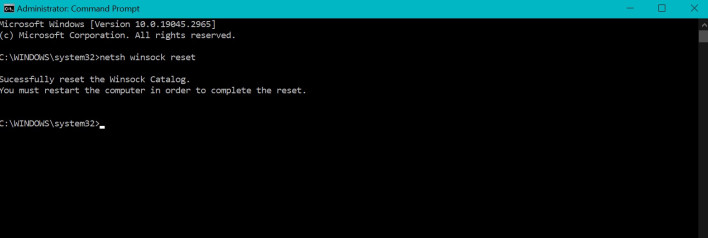 Screenshot showing the output of the reset network command in Cmd