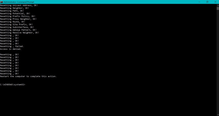 Screenshot of the reset IP command's output in Command prompt Windows