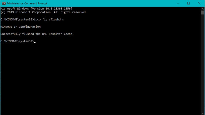 Screenshot showing the output of the flush DNS cache command in Windows Cmd