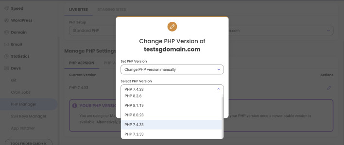 Screenshot showing how to select the preferred PHP version from the PHP Manager in Site Tools