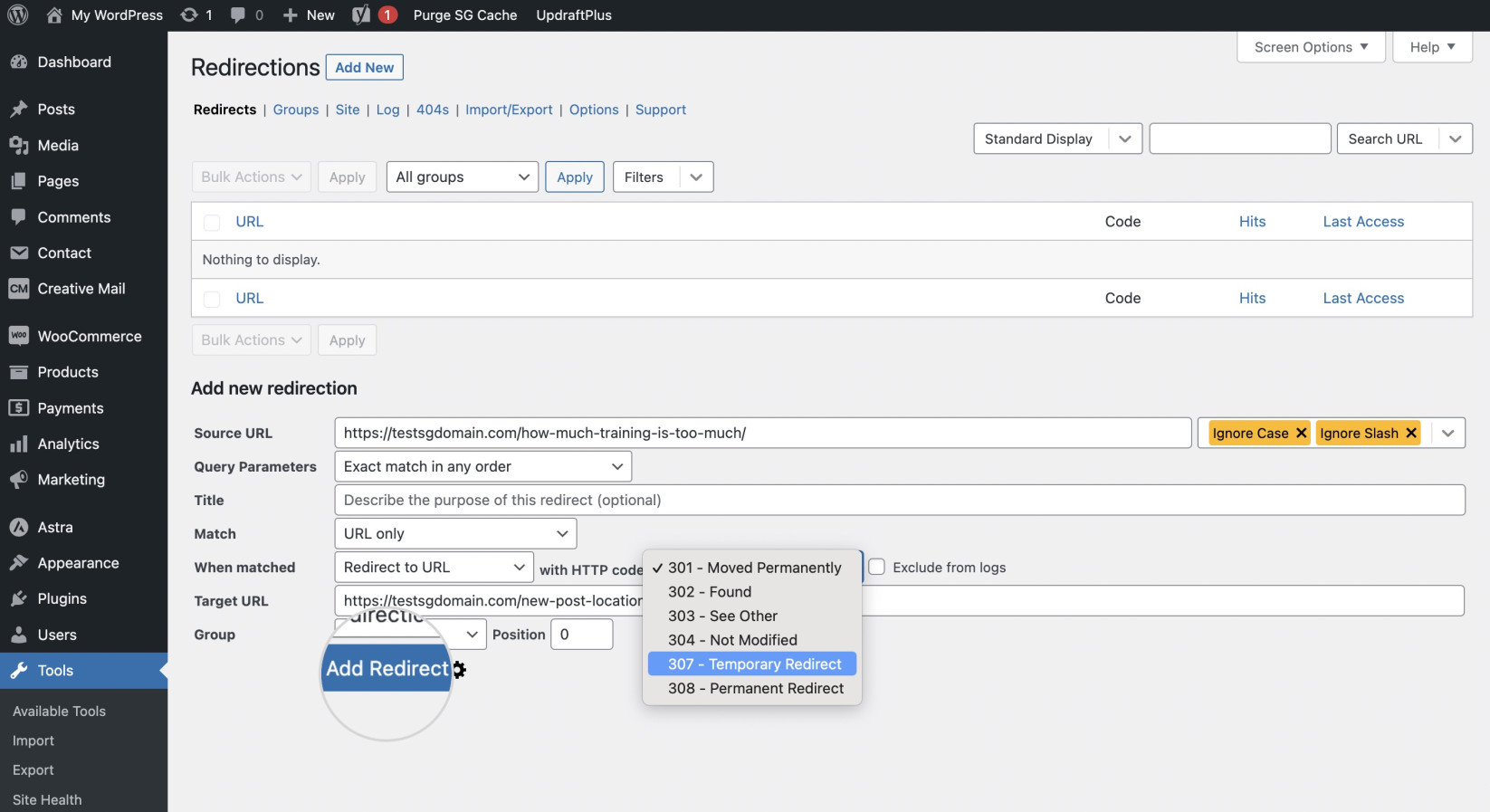 Options for selecting a redirect type in the Redirections plugin for WordPress