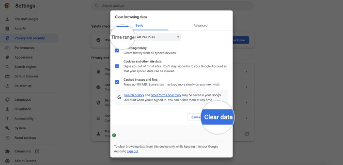 Screenshot showing how to select specific options for clearing Chrome's cache