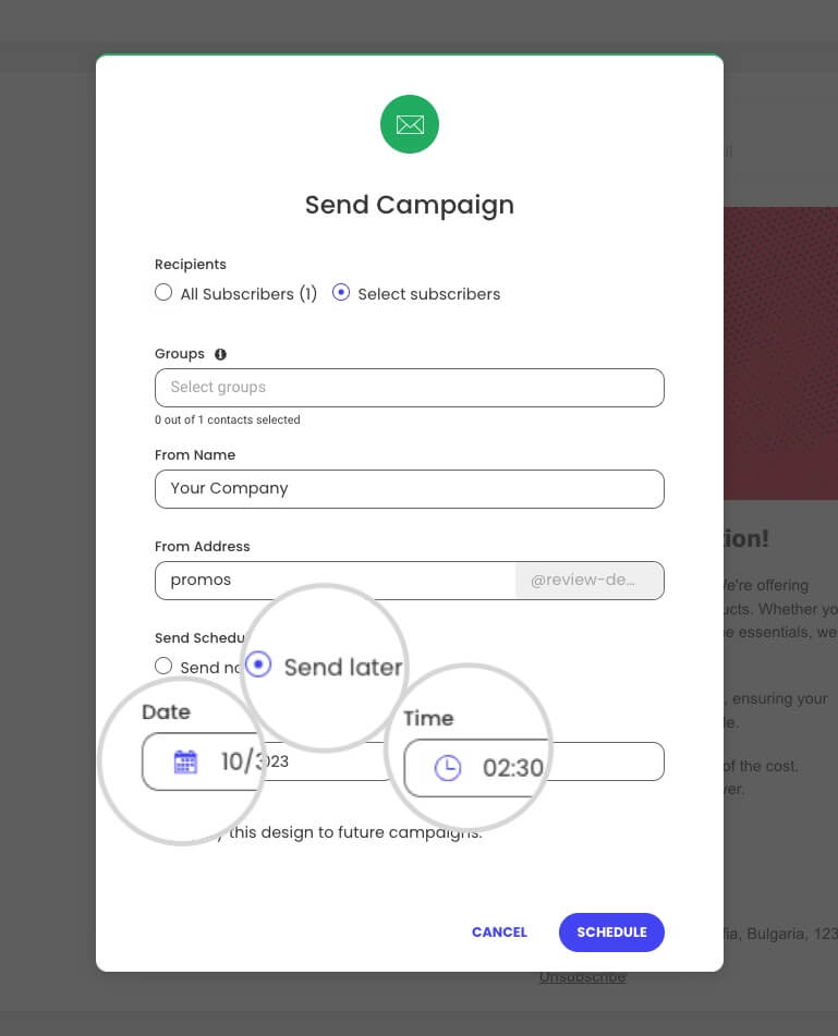 Date and Time settings in the Send later option in Email Marketing