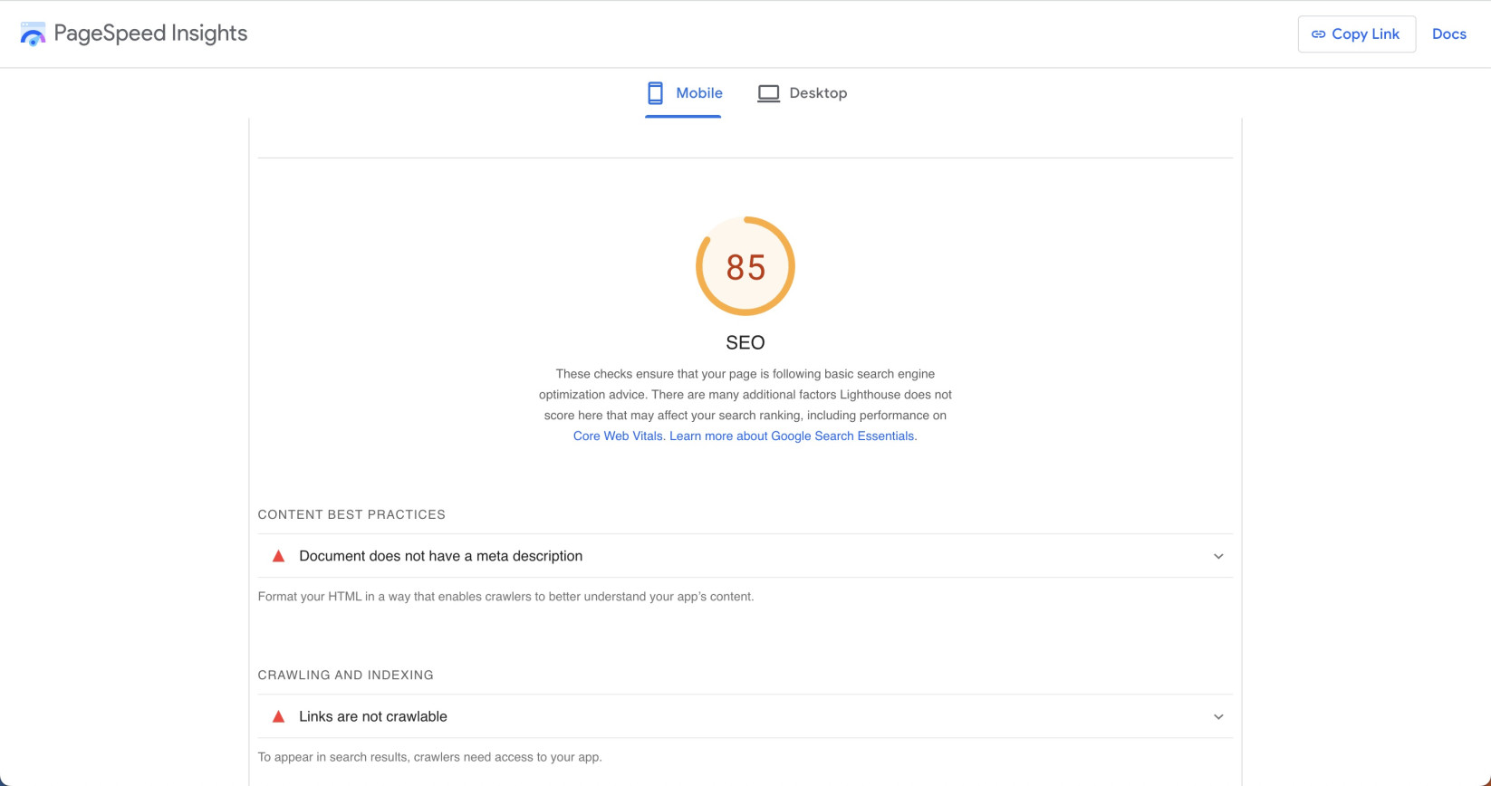 Breakdown of SEO-related issues in the Lighthouse section of Google PageSpeed Insights