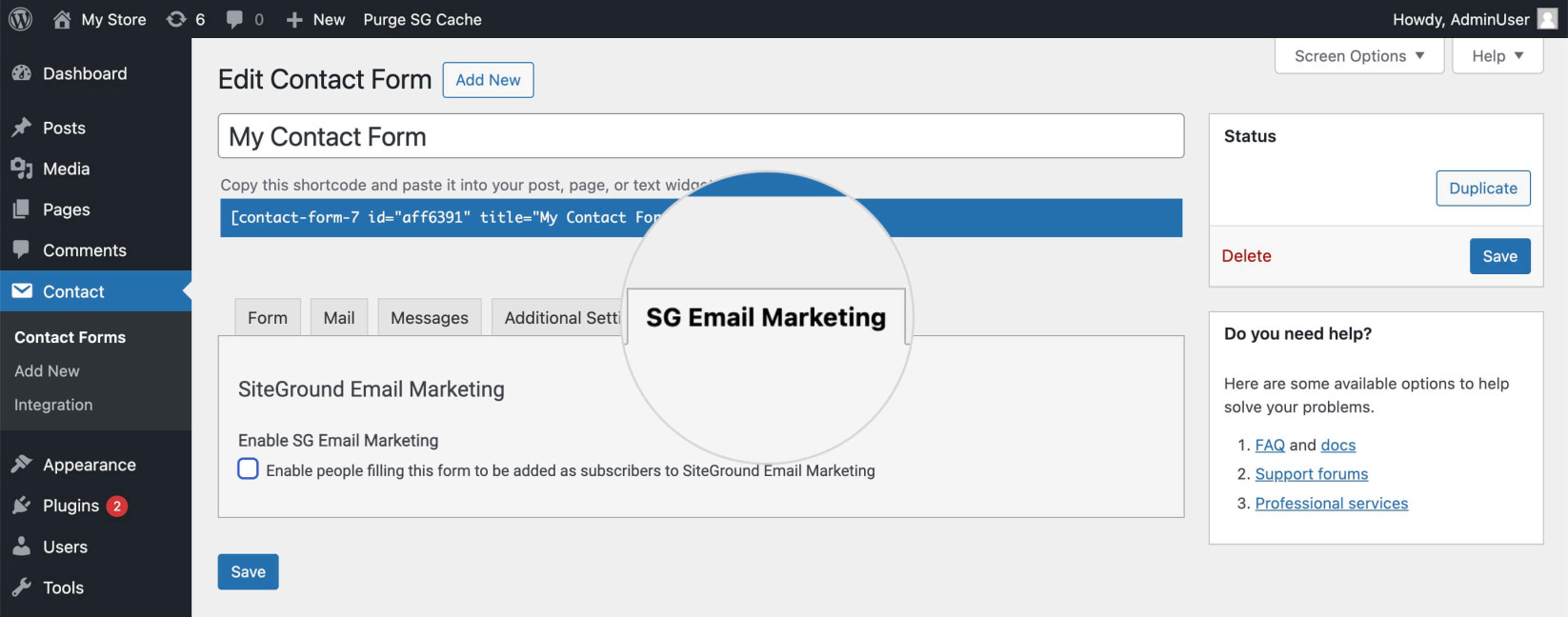 SG Email Marketing tab in Contact Form 7