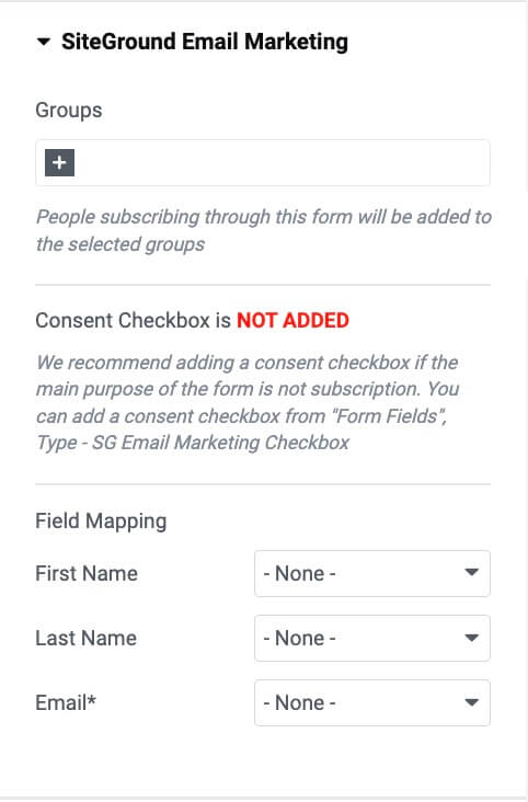 Screenshot of the content under the Site Ground Email Marketing tab in Elementor Form editor in theSidebar