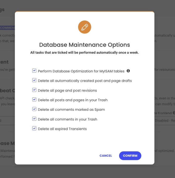 Screenshot of the database optimization options you can select with the SG Optimizer to prevent the Missing MySQL extension error