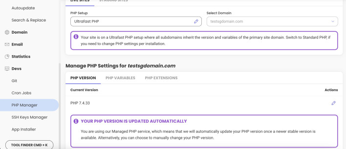 Screenshot displaying the Managed PHP service in SiteTools