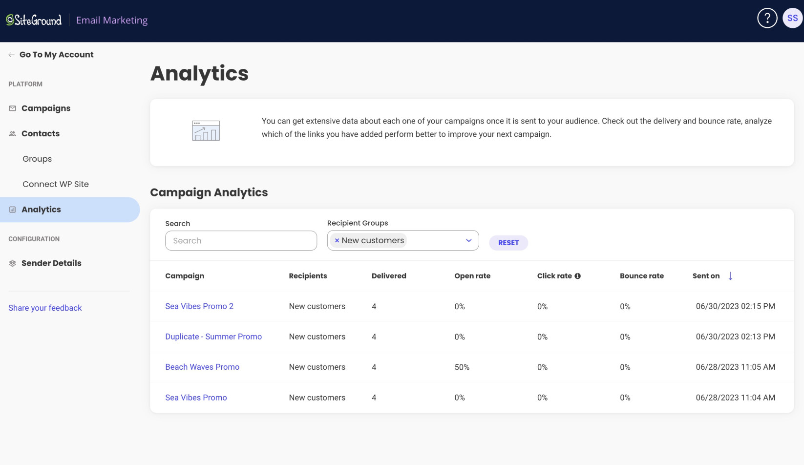 Using groups to filter analytics reports in Email Marketing