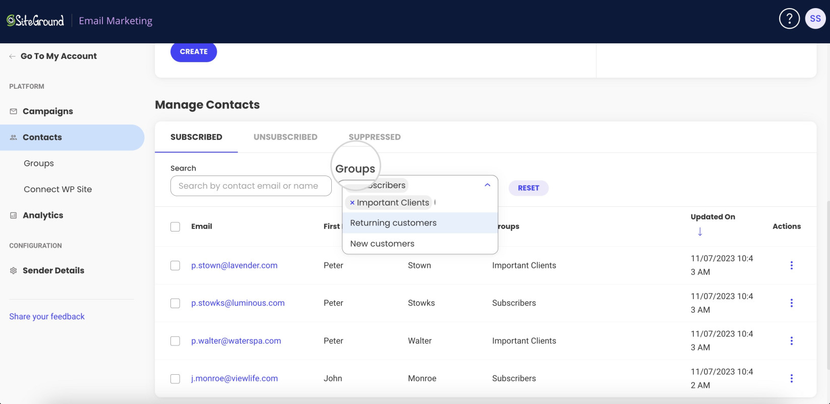 Using groups to search through your contacts in Email Marketing