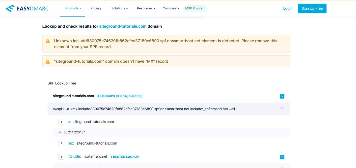 SPF errors detected in an online SPF checker