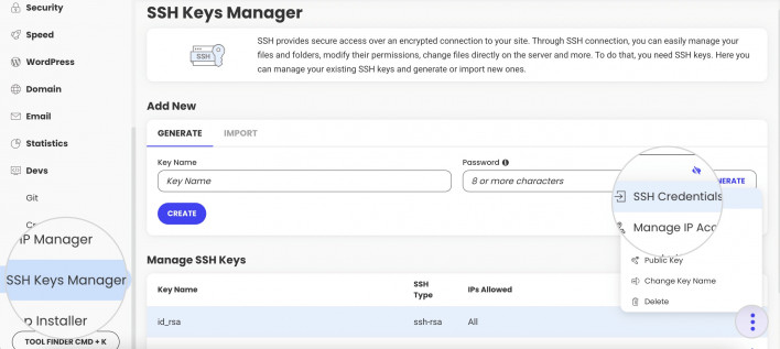 Get SSH credentials from your Site Tools