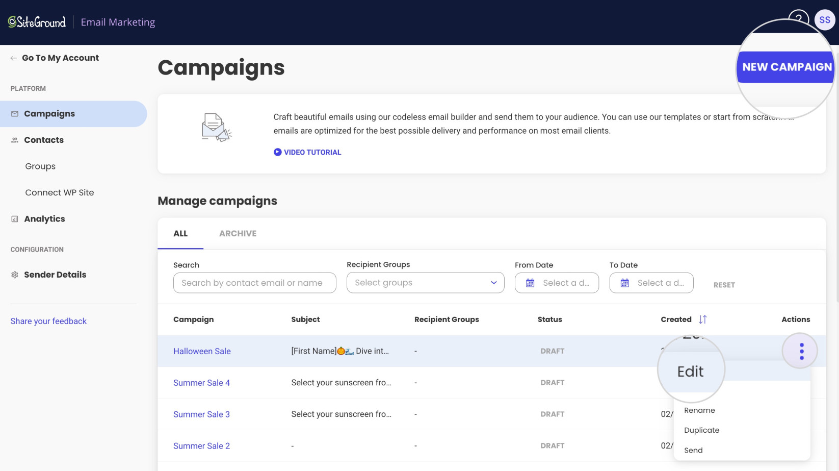 Screenshot showing how to create a new campaign or edit an existing one