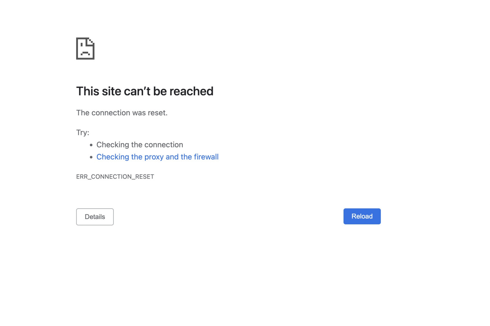 "This Site Can't Be Reached" with the error code ERR_CONNECTION_RESET