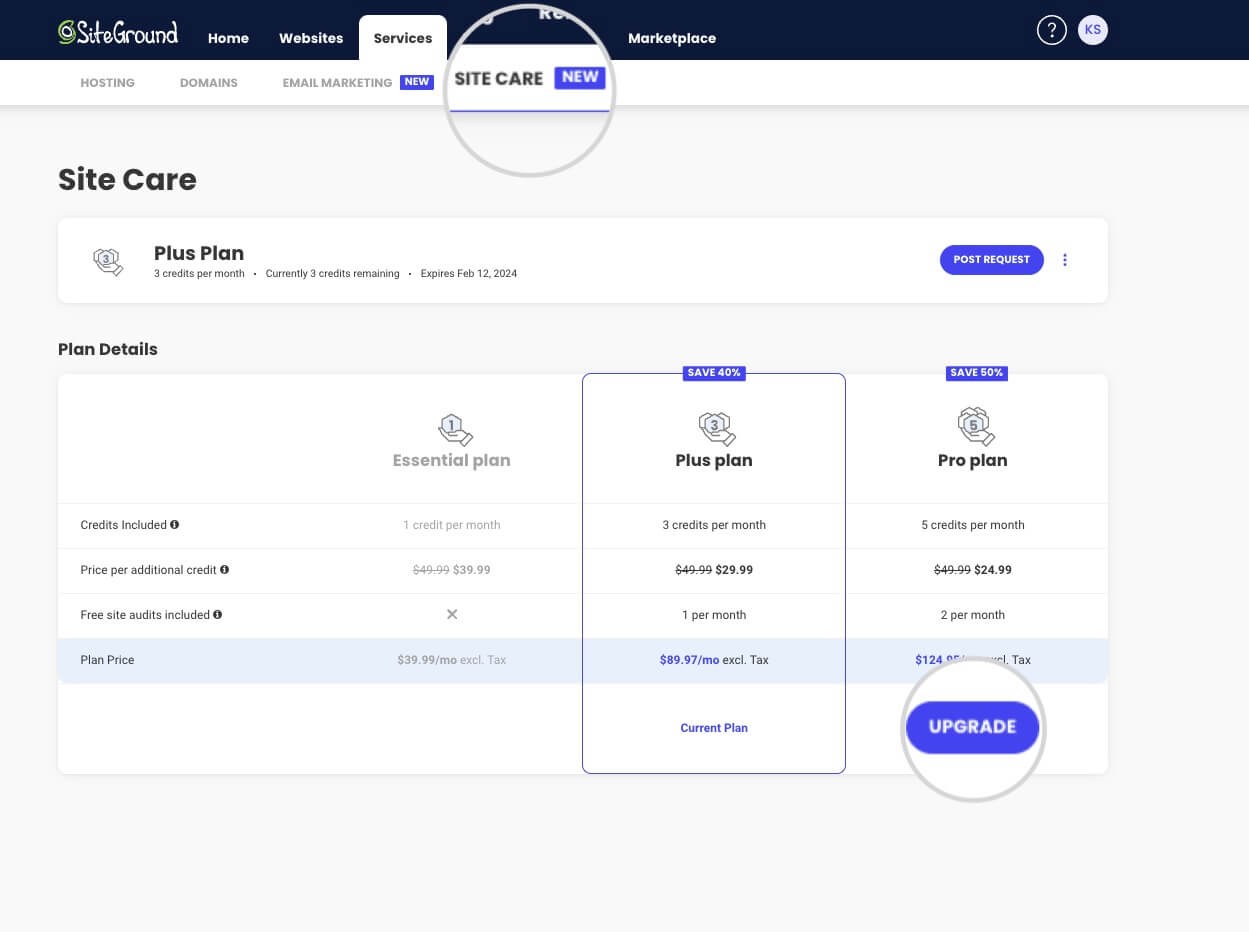 Upgrade of Site Care subscription plan