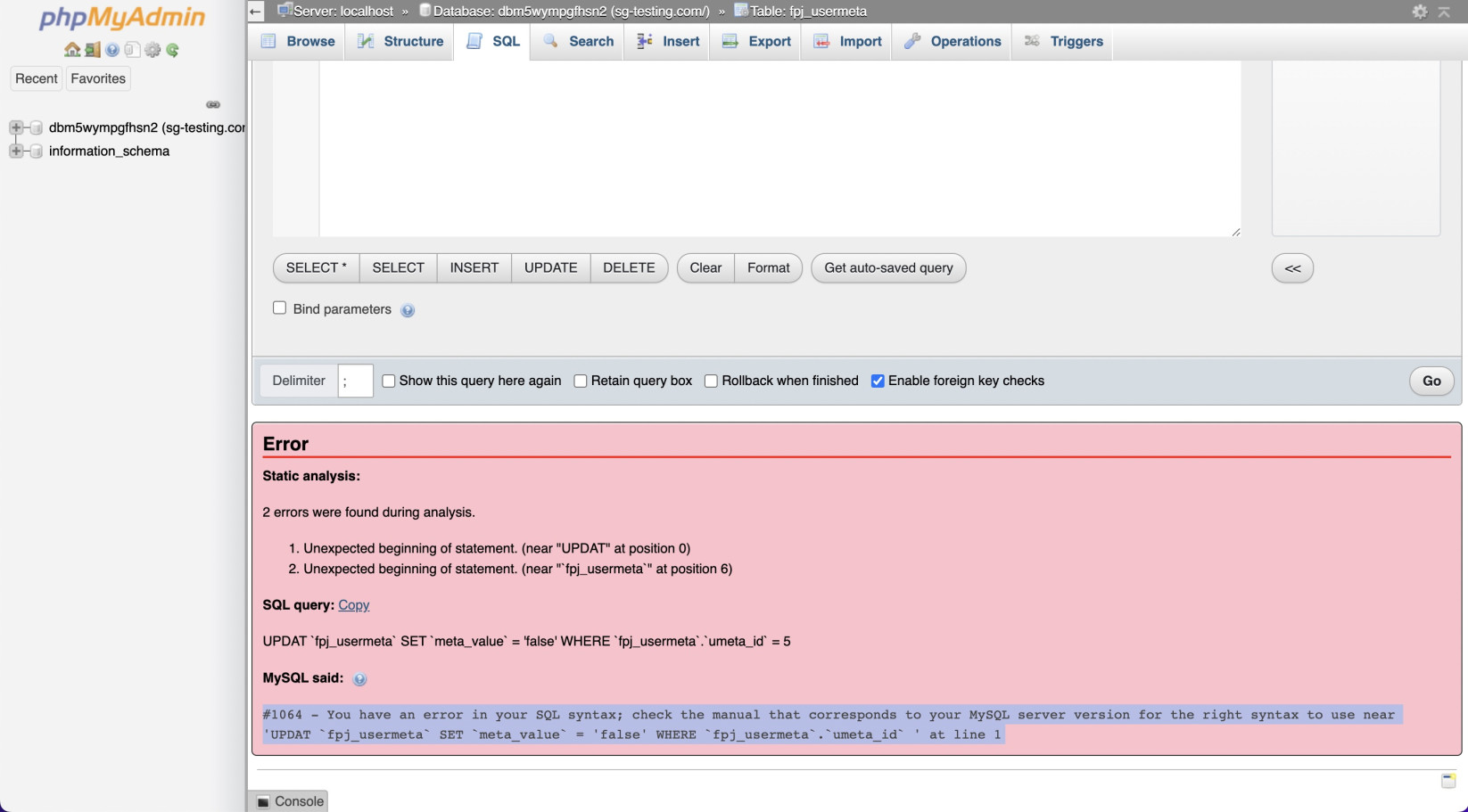 SQL Error 1064 in phpMyAdmin